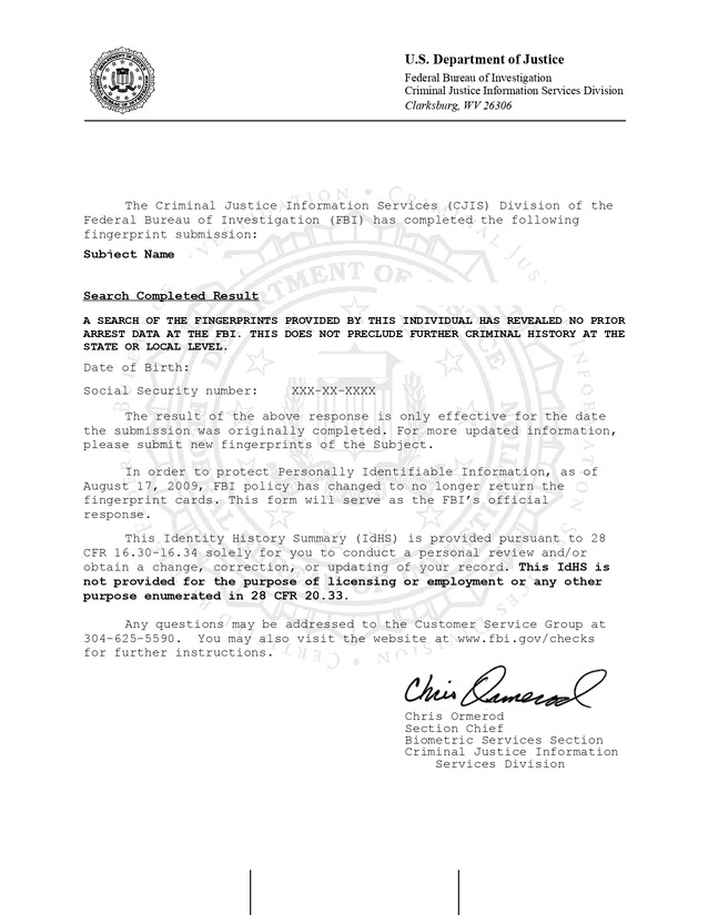 FBI criminal background check example